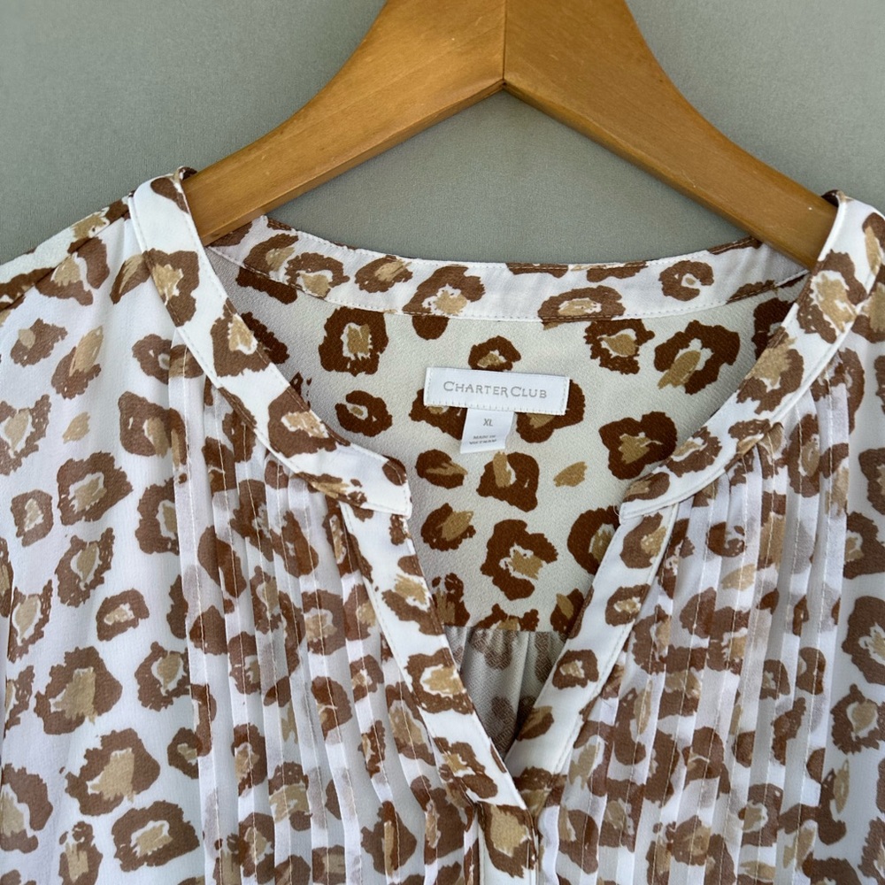 Charter Club Cream and Brown Leopard Print Peasant Blouse - Picture 4 of 9